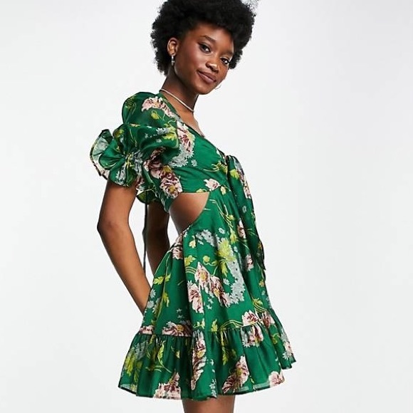 ASOS Tie Front Mini Dress in Textured Voile Art Nouveau Green Floral Size 10 - Picture 4 of 16